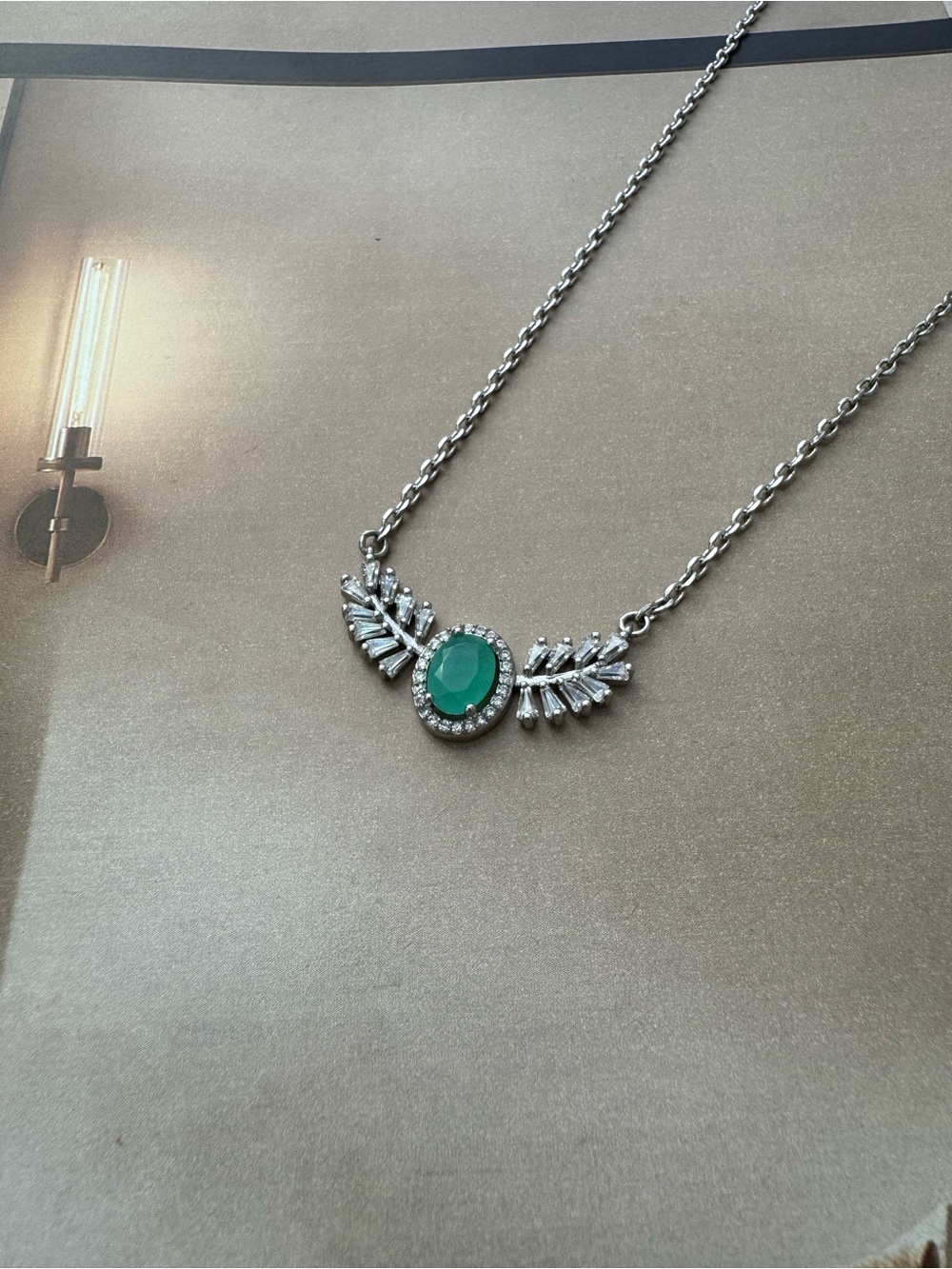 Silver Necklace with Green Centerstone and Crystal Accents